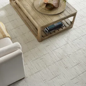 Patterned carpet in a seating area with a sofa and coffee table