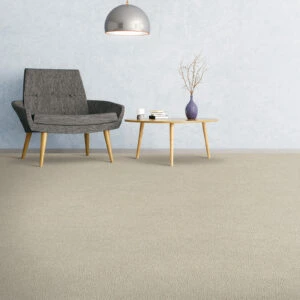 Beige carpet flooring with a grey chair