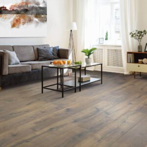 Living room with brown laminate flooring