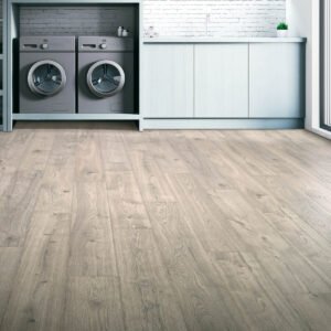 Modern laundry room with light laminate flooring