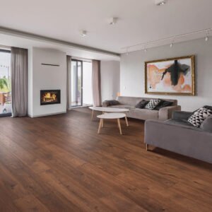 Warm wood look laminate flooring in an open living room