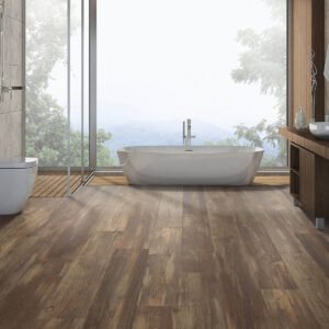 Waterproof laminate flooring in an open concept bathroom with large windows