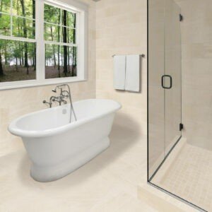 Glacier Cove Beige tile floors and walls in a bright bathroom