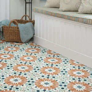 Colorful mosaic tile floor in a blue and orange pattern