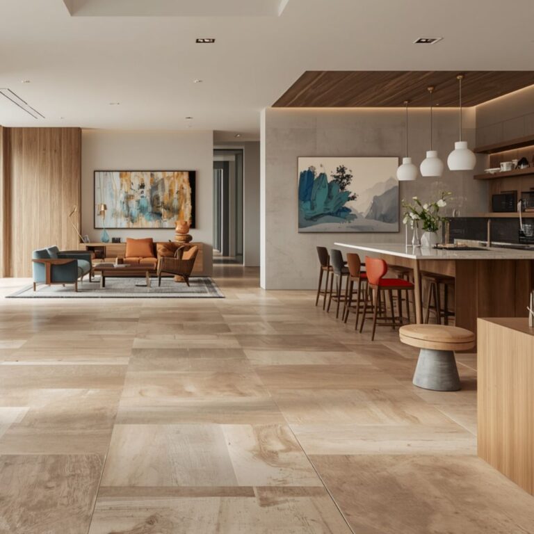 large format natural tile in open concept layout