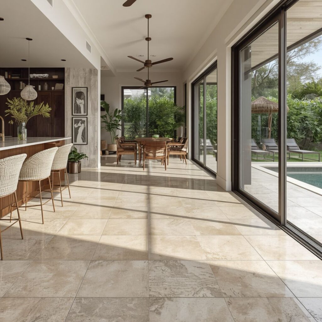 seamless tile living area to lanai