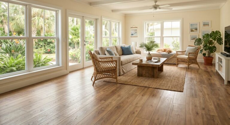 Wood-look luxury vinyl plank flooring in a bright Florida living room designed for humidity-resistant home flooring.