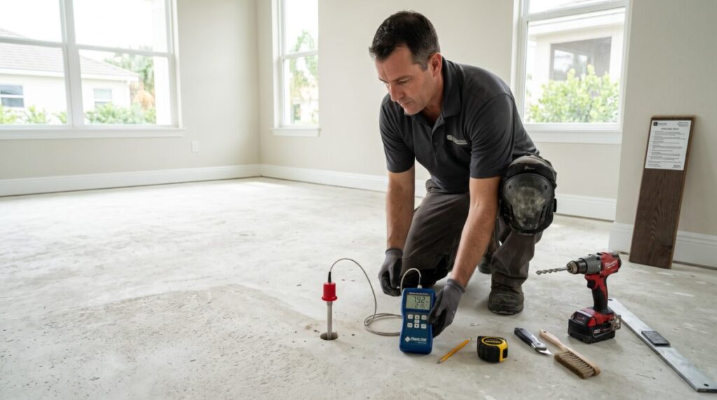 ASTM F2170 in-situ moisture test concrete slab, Bob's Carpet Bradenton FL hardwood installation.