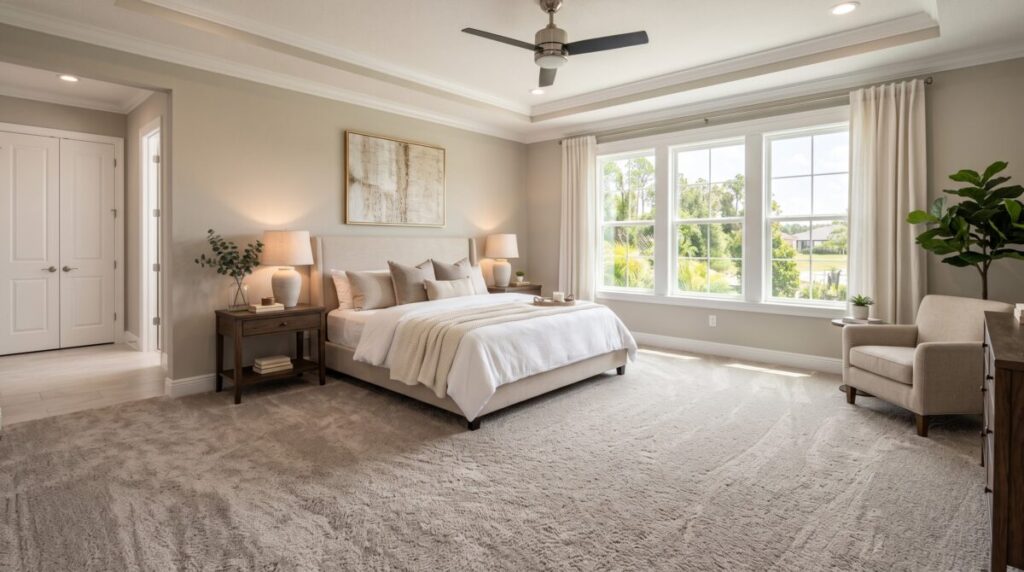 New construction bedroom with premium carpet, Stainmaster flooring, Wesley Chapel Florida home.