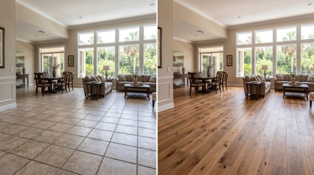 Before and after flooring replacement, Tampa Bay home, engineered hardwood.