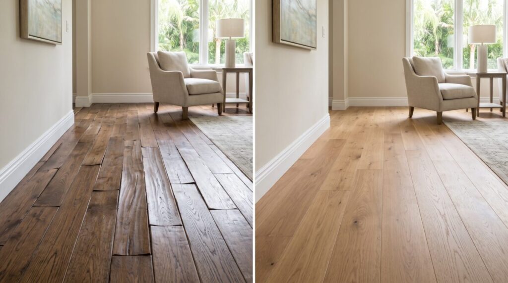 Buckled hardwood floor before vs properly installed engineered hardwood after, Bradenton Florida.