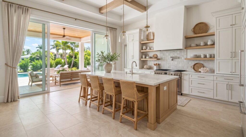 Porcelain tile kitchen floor Sarasota FL coastal home, large format tile open to lanai.