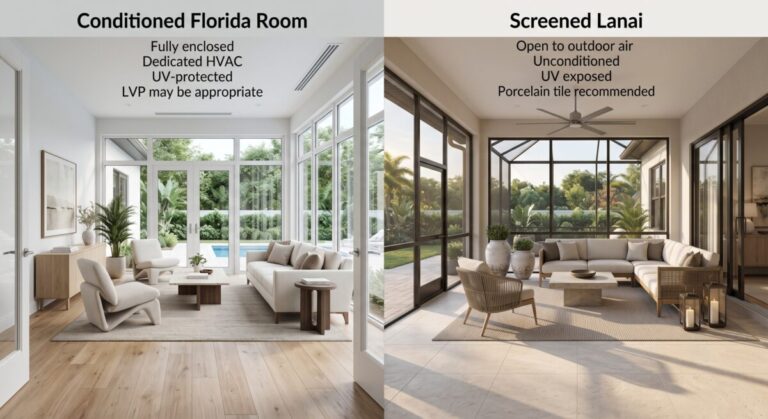 Enclosed Florida room with LVP flooring vs screened lanai with tile, Venice FL.