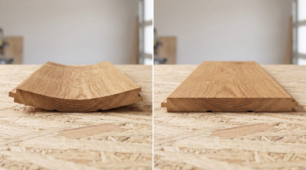 Hardwood floor cupping vs flat installation, Florida humidity warping explained.