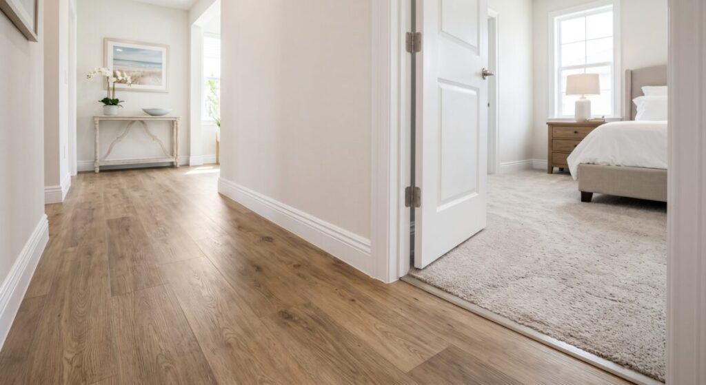 LVP to carpet transition Florida home, bedroom carpet with hardwood hallway Clearwater.