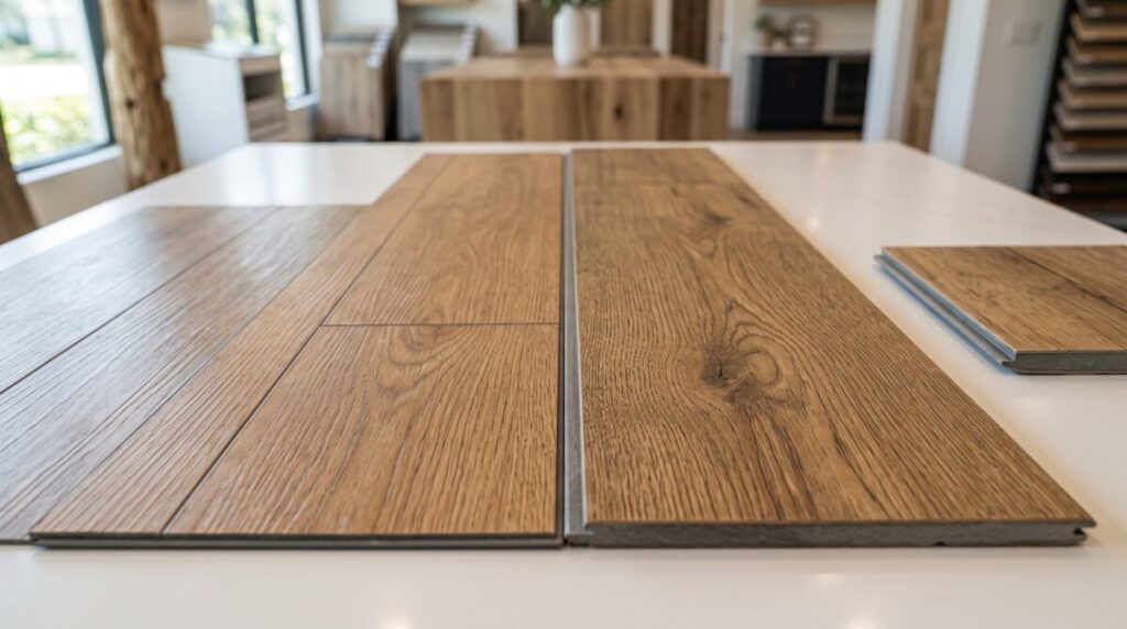 Builder grade LVP vs premium SPC LVP comparison, new construction flooring Wesley Chapel.