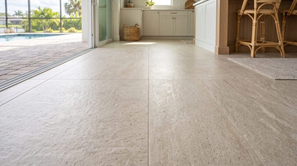 Large format porcelain tile Florida kitchen, minimal grout line, coastal home Sarasota.