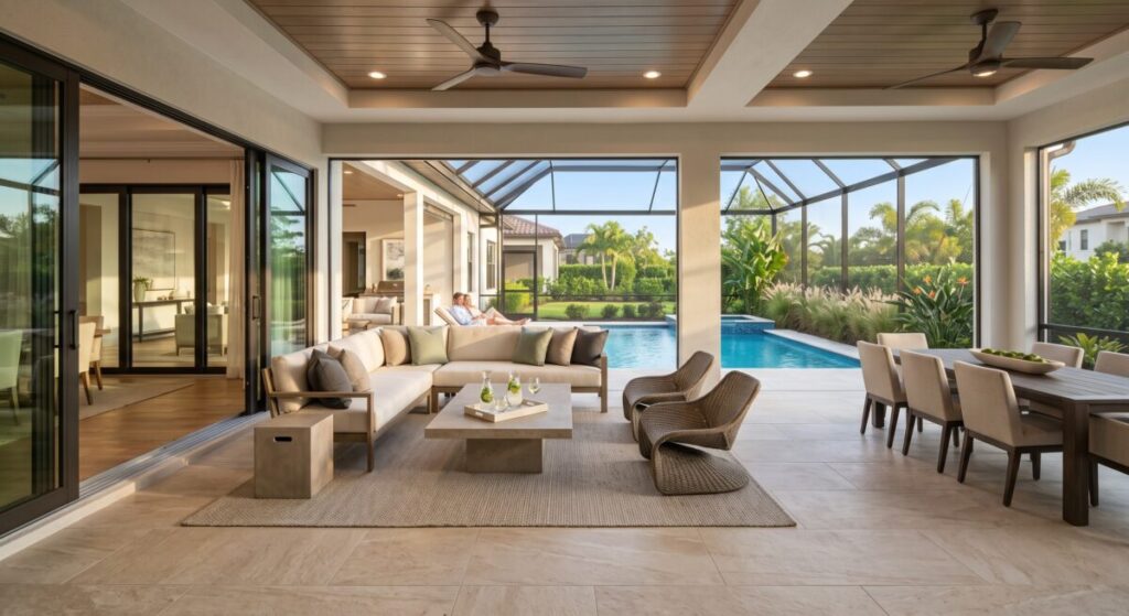 Screened lanai with porcelain tile flooring Venice FL, South Venice Florida outdoor living.