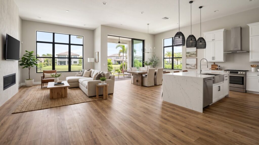 New construction home interior Wesley Chapel FL, premium LVP flooring open concept living area.