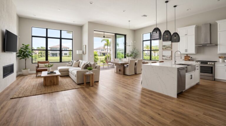 New construction home interior Wesley Chapel FL, premium LVP flooring open concept living area.