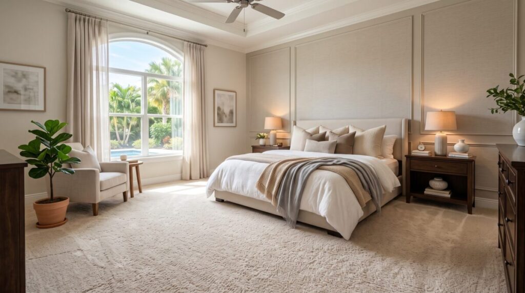 Bedroom carpet Clearwater FL, plush nylon carpet primary suite, Bob's Carpet & Flooring.