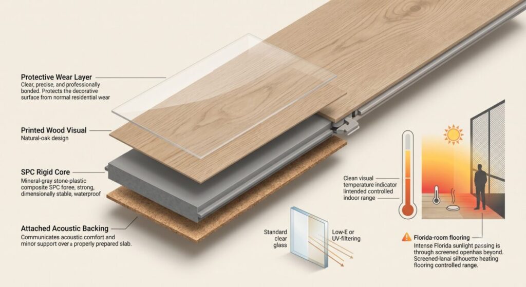 SPC LVP rigid core cross-section, temperature rated range luxury vinyl plank flooring.