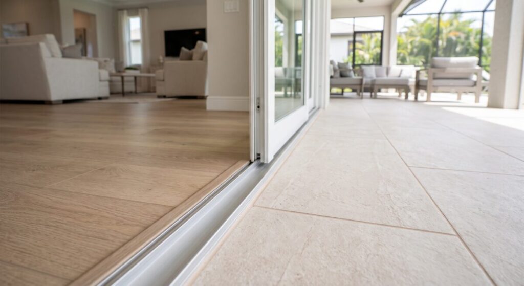 LVP to tile transition at sliding glass door threshold, Venice FL lanai flooring detail.