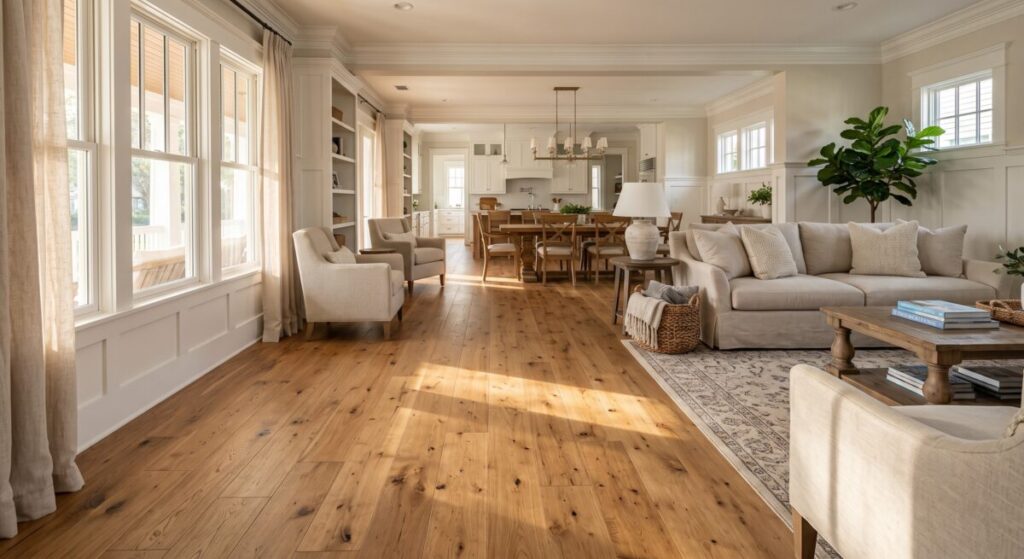 Engineered hardwood flooring in a South Tampa home, wide plank natural oak, afternoon light.