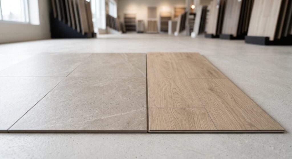 Porcelain tile vs LVP comparison swatches, kitchen flooring Sarasota Florida.
