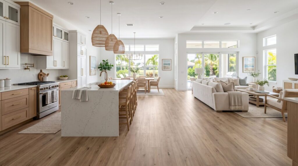 LVP flooring open concept kitchen living area Sarasota FL, SPC luxury vinyl plank wood look.