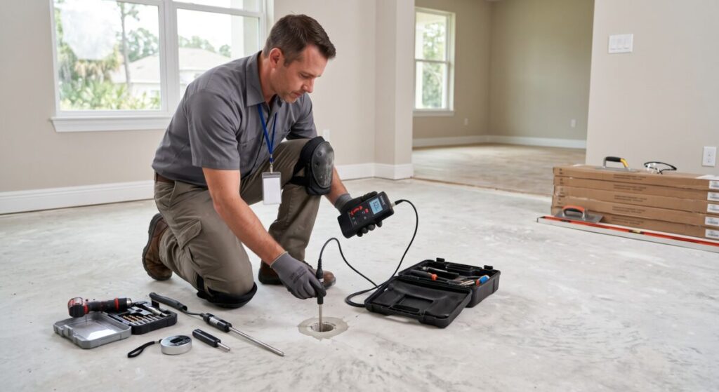 Moisture vapor emission test on concrete slab before flooring installation, Tampa FL.