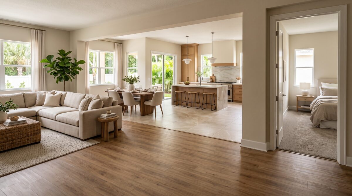 Complete pet-friendly flooring plan Tampa Bay home, LVP living area tile kitchen carpet bedroom.