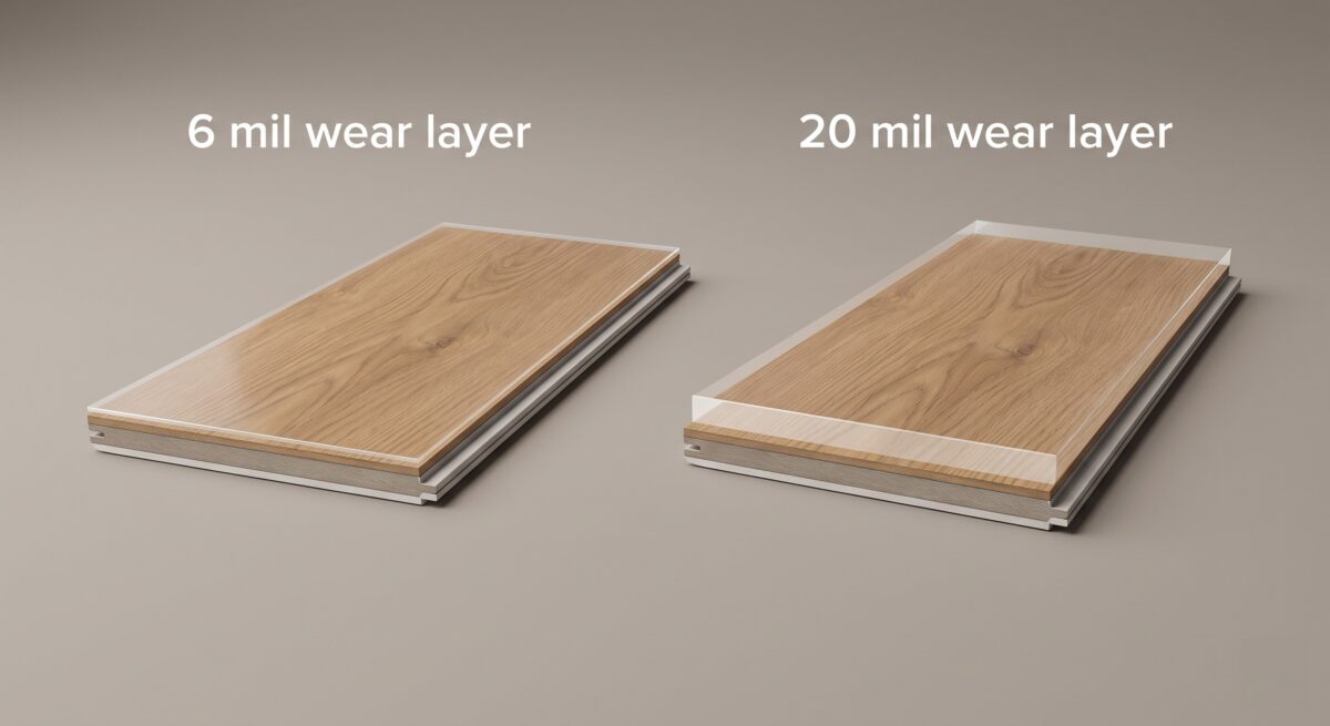 LVP wear layer comparison 6 mil vs 20 mil, pet-friendly flooring Tampa Bay Florida.
