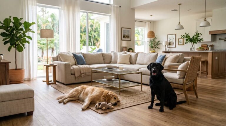 Pet-friendly LVP flooring Brandon FL, large dogs on SPC luxury vinyl plank, Bob's Carpet.