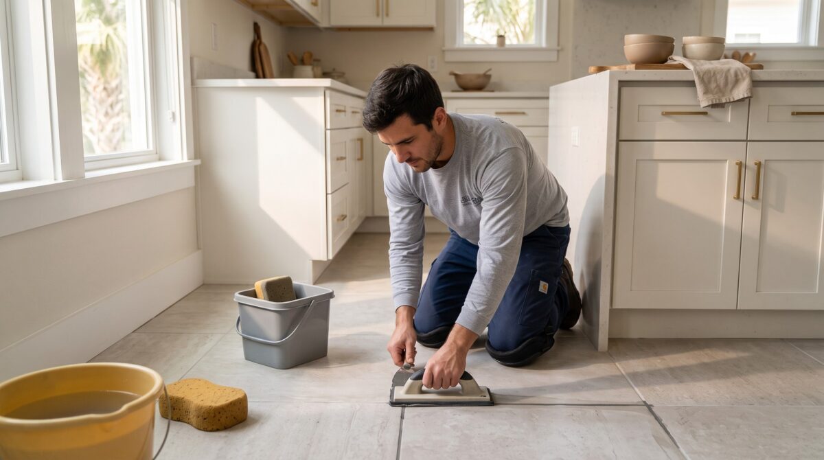 Porcelain tile installation grout application St. Petersburg FL kitchen, Bob's Carpet & Flooring.