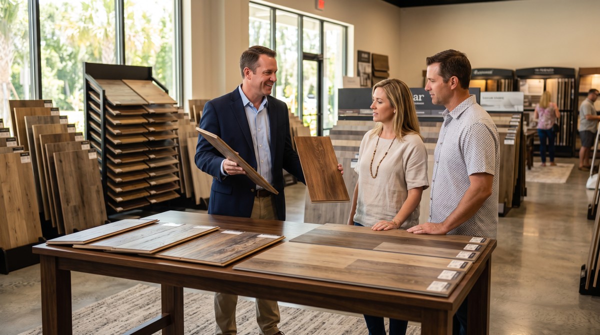 Laminate vs LVP samples Bob's Carpet Flooring showroom Largo FL Missouri Ave.