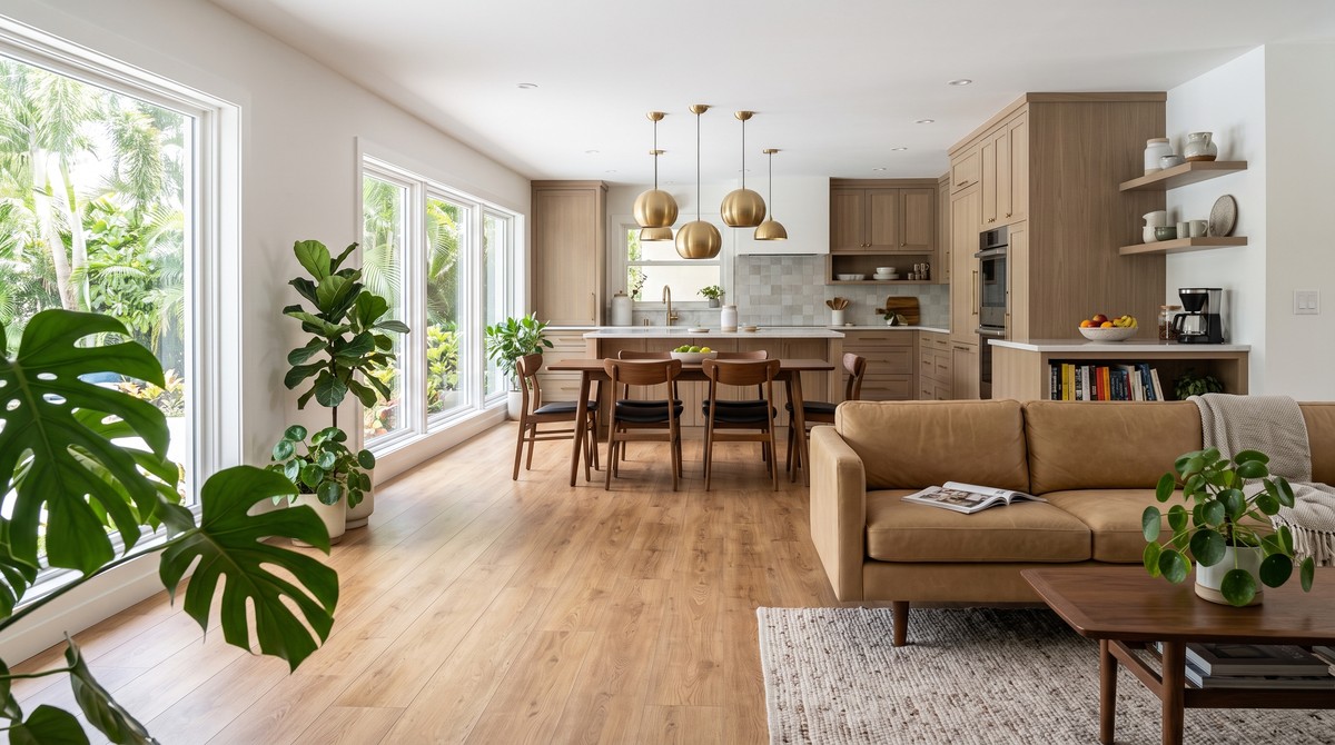 LVP flooring open concept Largo FL ranch home, continuous wood-look luxury vinyl plank.