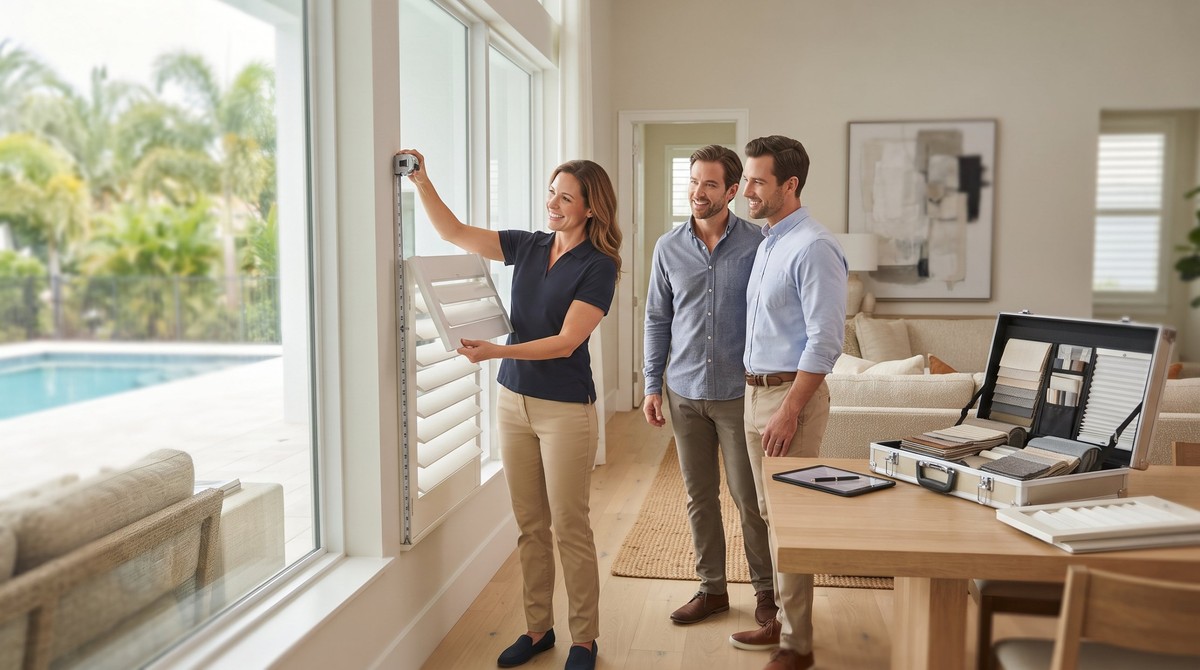 Bob's Carpet & Flooring window treatment consultation Wesley Chapel FL, plantation shutter measurement.