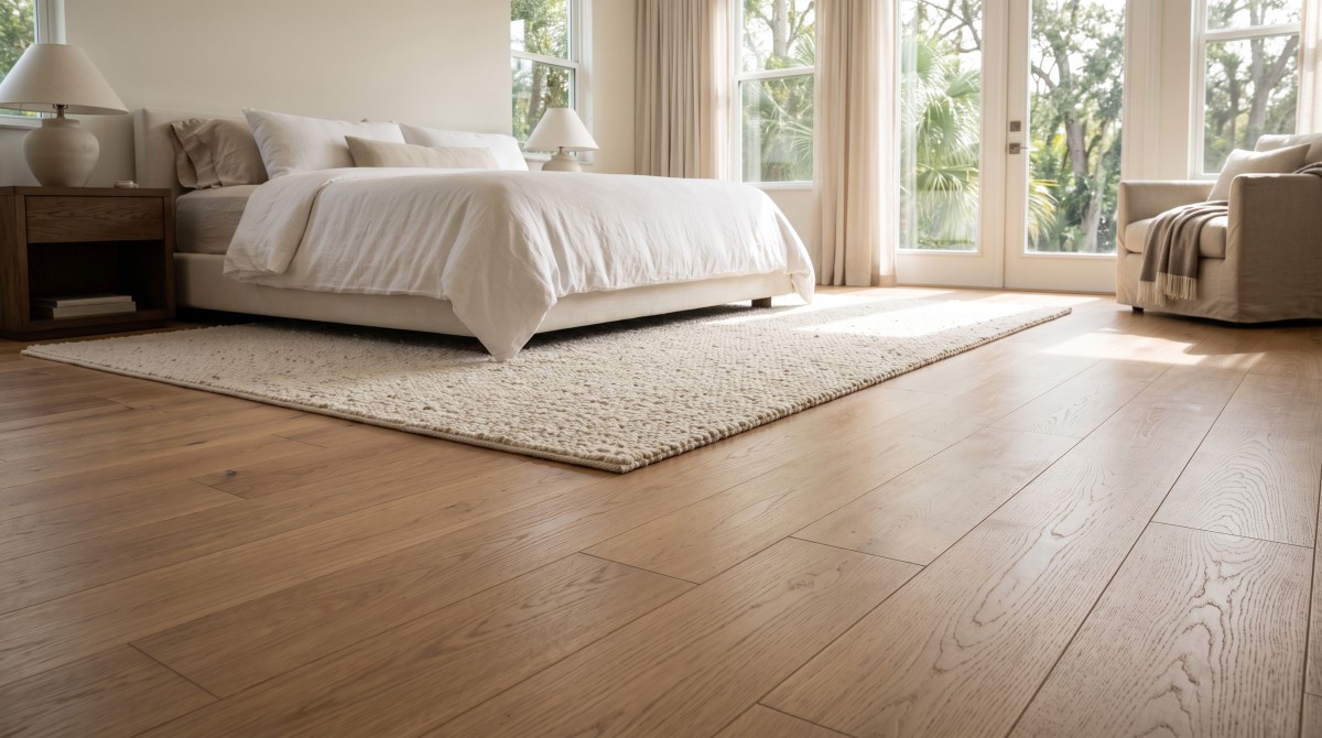 Engineered hardwood primary bedroom Carrollwood Tampa FL, wide plank white oak, area rug.