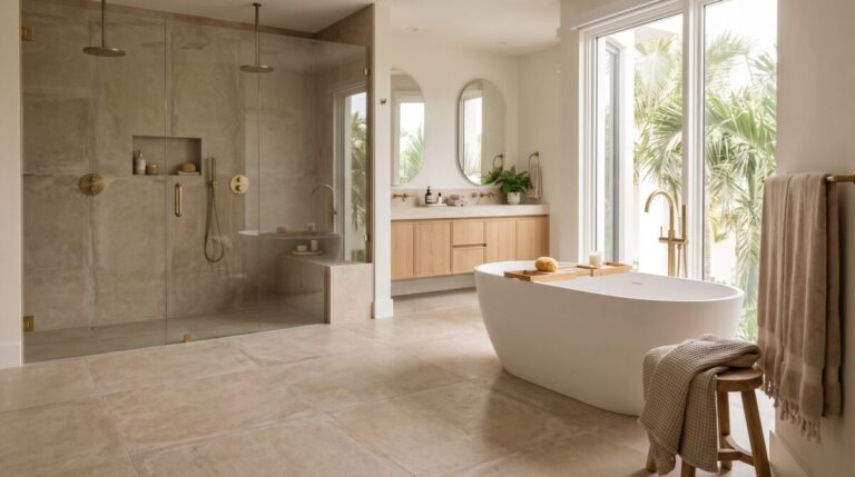 Large format porcelain tile Sarasota FL master bathroom, matte finish spa aesthetic, Bob's Carpet.