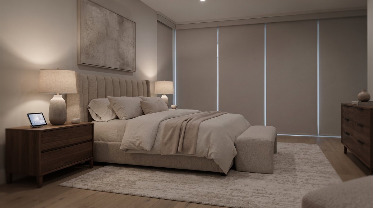 Motorized blackout roller shades primary bedroom Wesley Chapel FL, smart home window treatment.
