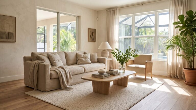 Neutral luxury vinyl plank flooring staged in a Tampa home living room before a winter listing.