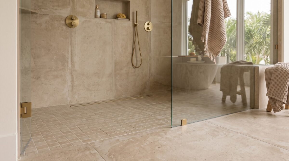 Shower pan mosaic tile vs large format bathroom floor tile Sarasota FL, safe slip resistant shower floor.