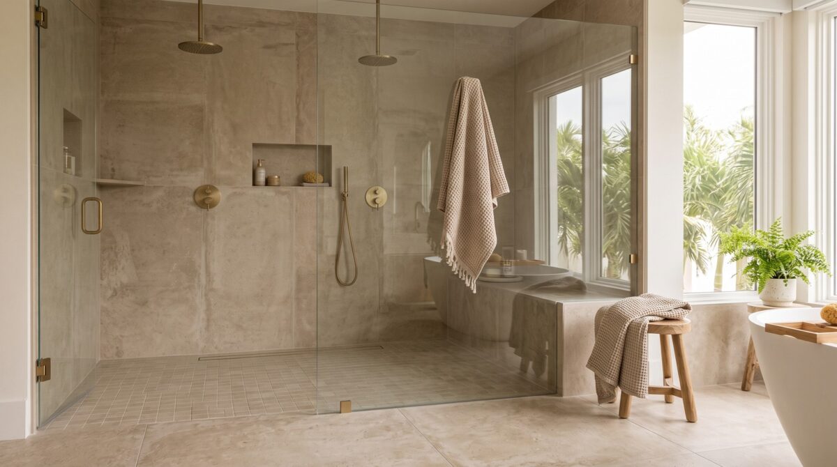 2026 tile drenching bathroom trend Sarasota FL, limewash porcelain spa bathroom design.