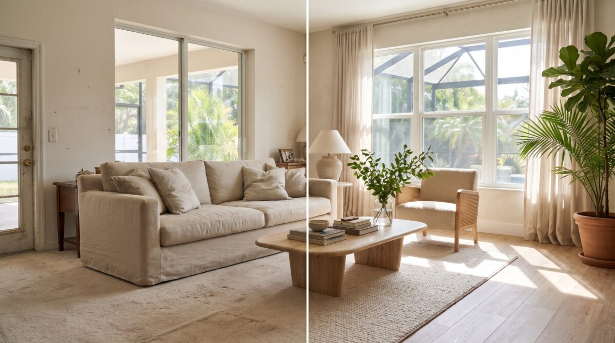 Worn carpet replaced with neutral luxury vinyl plank flooring before a Tampa home sale.